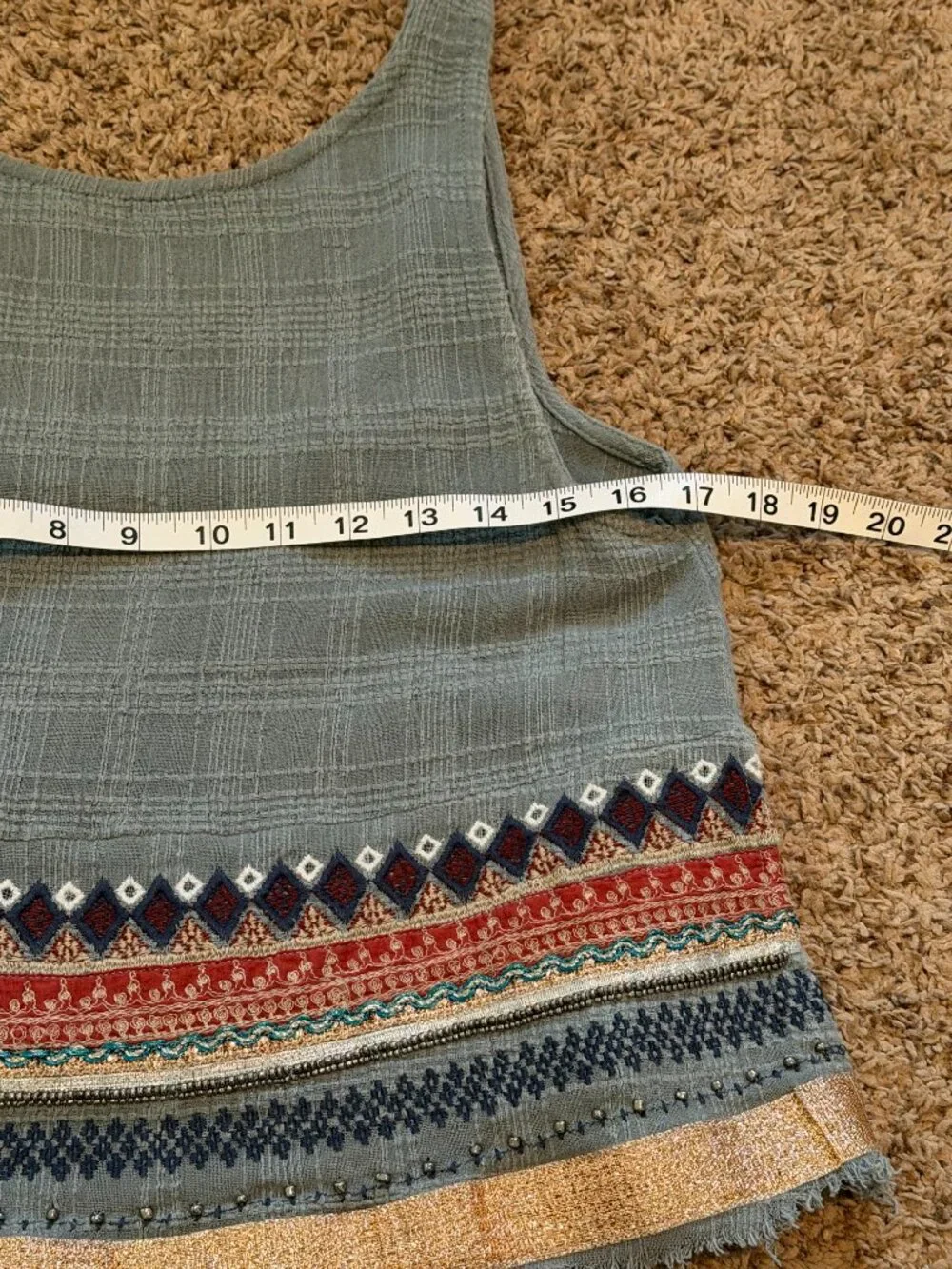 Ecote Boho Embellished Cotton Tank - Green & Gold Festival Top S - Picture 9 of 10
